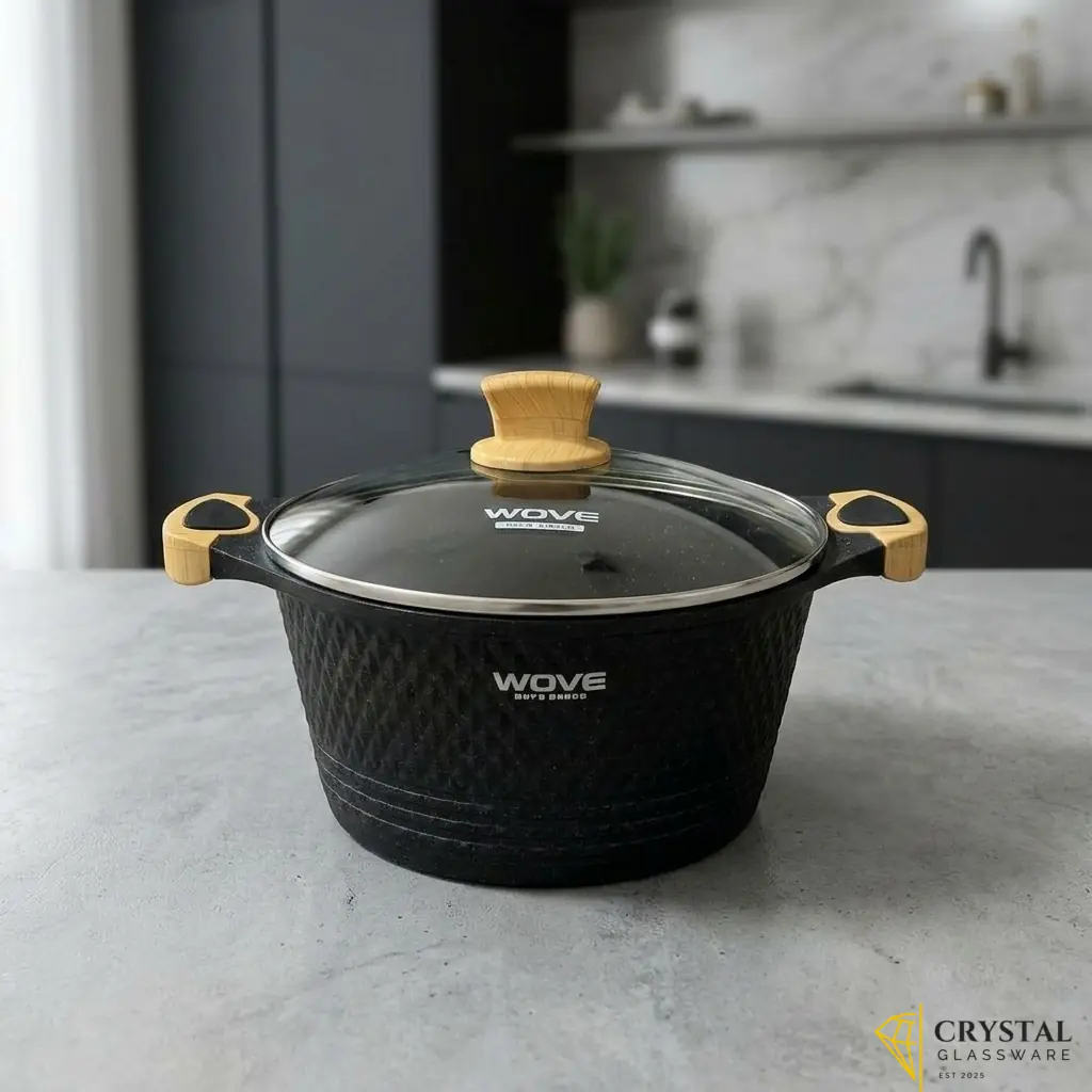 Wove branded non-stick granite casserole pot with a glass lid and wooden handles - 28 cm